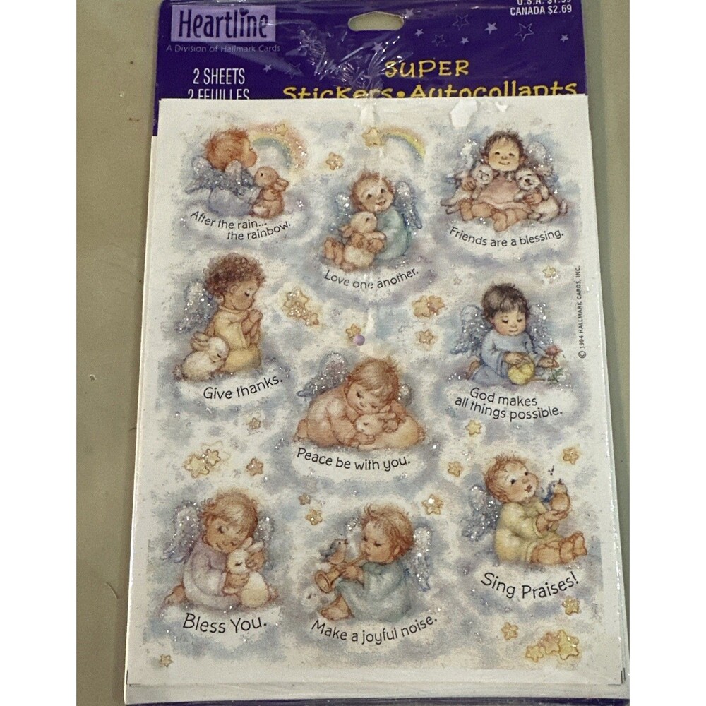 Vintage Sticker Sheet Cute Glittery Angels Glittery Hallmark 1994 New In Package